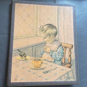 Vintage Little Girl Praying with bird  Print on Wood